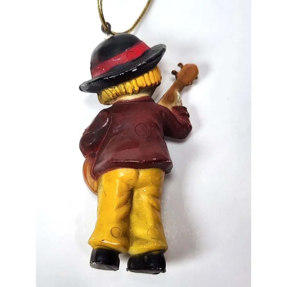 Vintage Musician Boy Christmas Ornament Hand Painted Ceramic Figurine 1970s